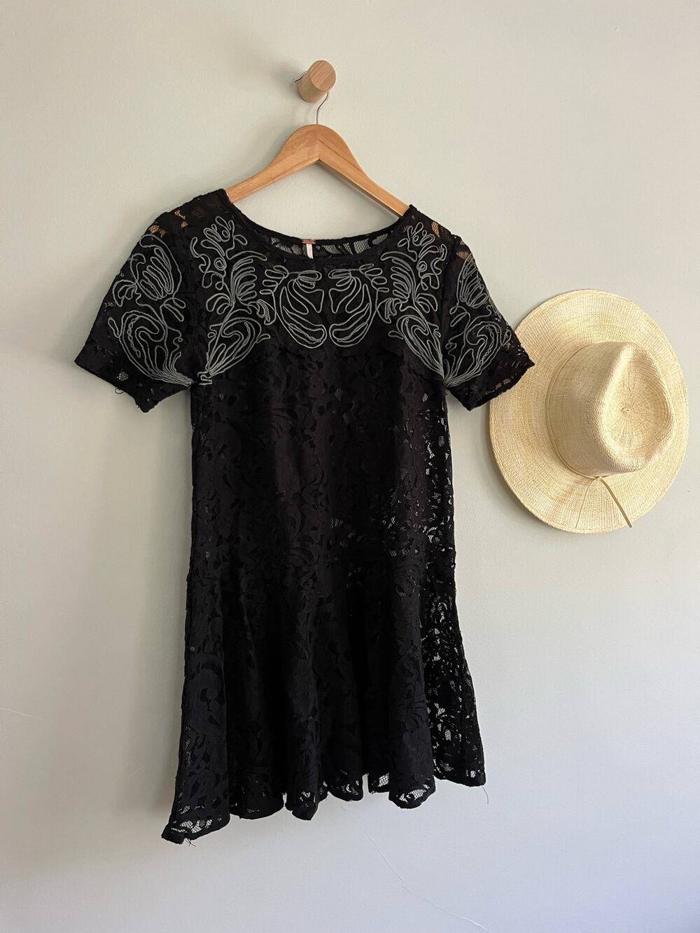 Free People | Dreamer Black Lace Mini Dress | Short Sleeve | Size Small